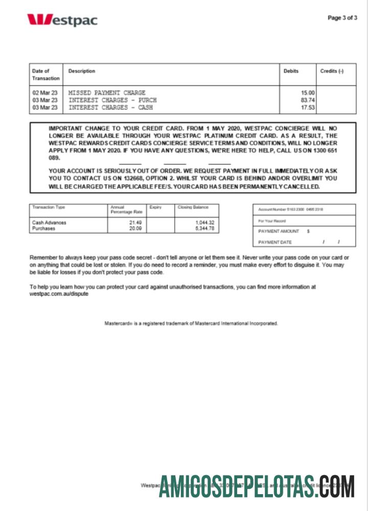 em branco Austrália Westpac modelo de extrato bancário Word e PDF, 3 páginas 3